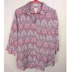 Chicos linen pink and purple artsy floral button up‎ shirt Size 2/Lrg Boho Retro